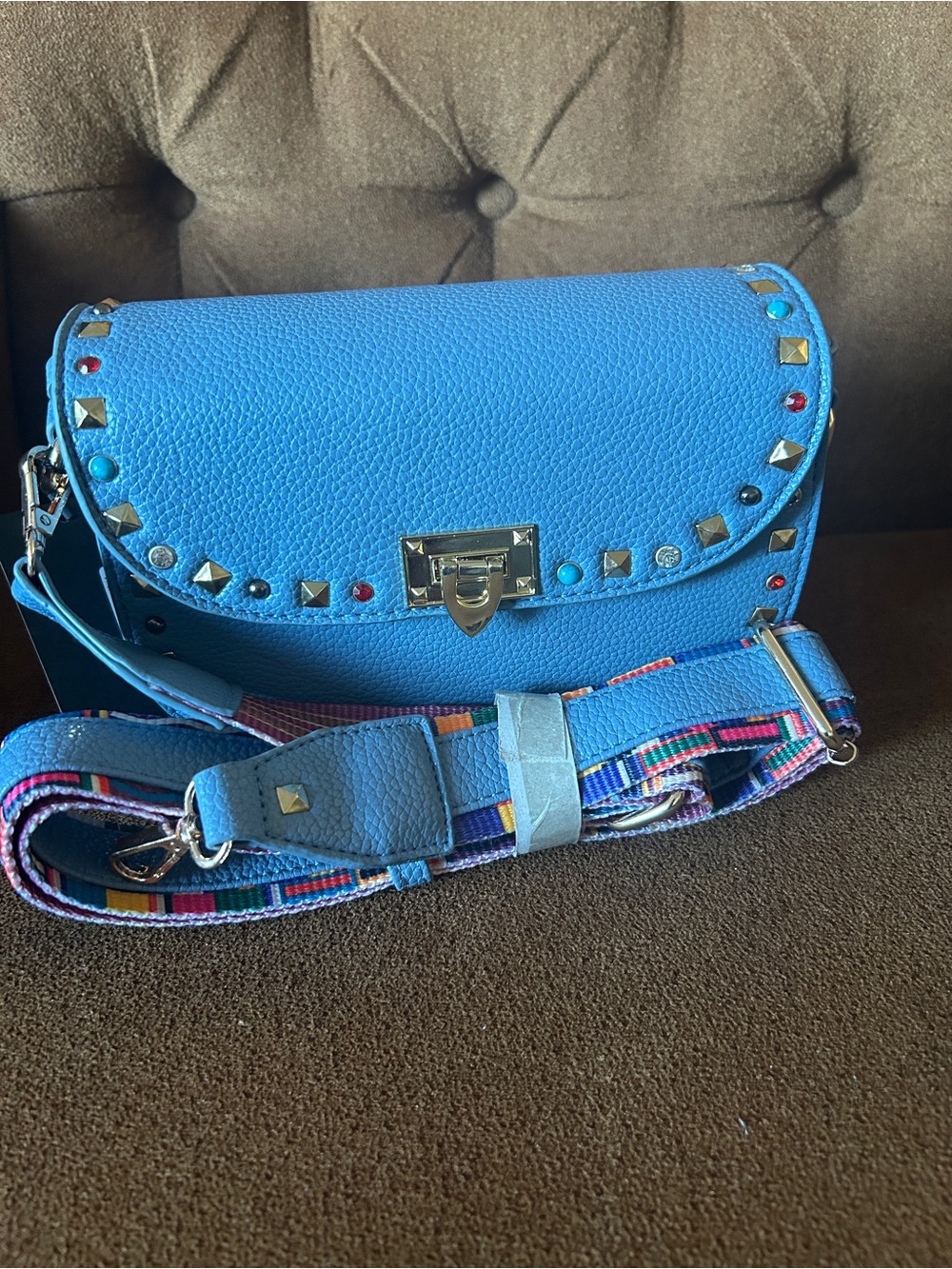Blue Studded Leather Crossbody with Colorful Detachable Strap